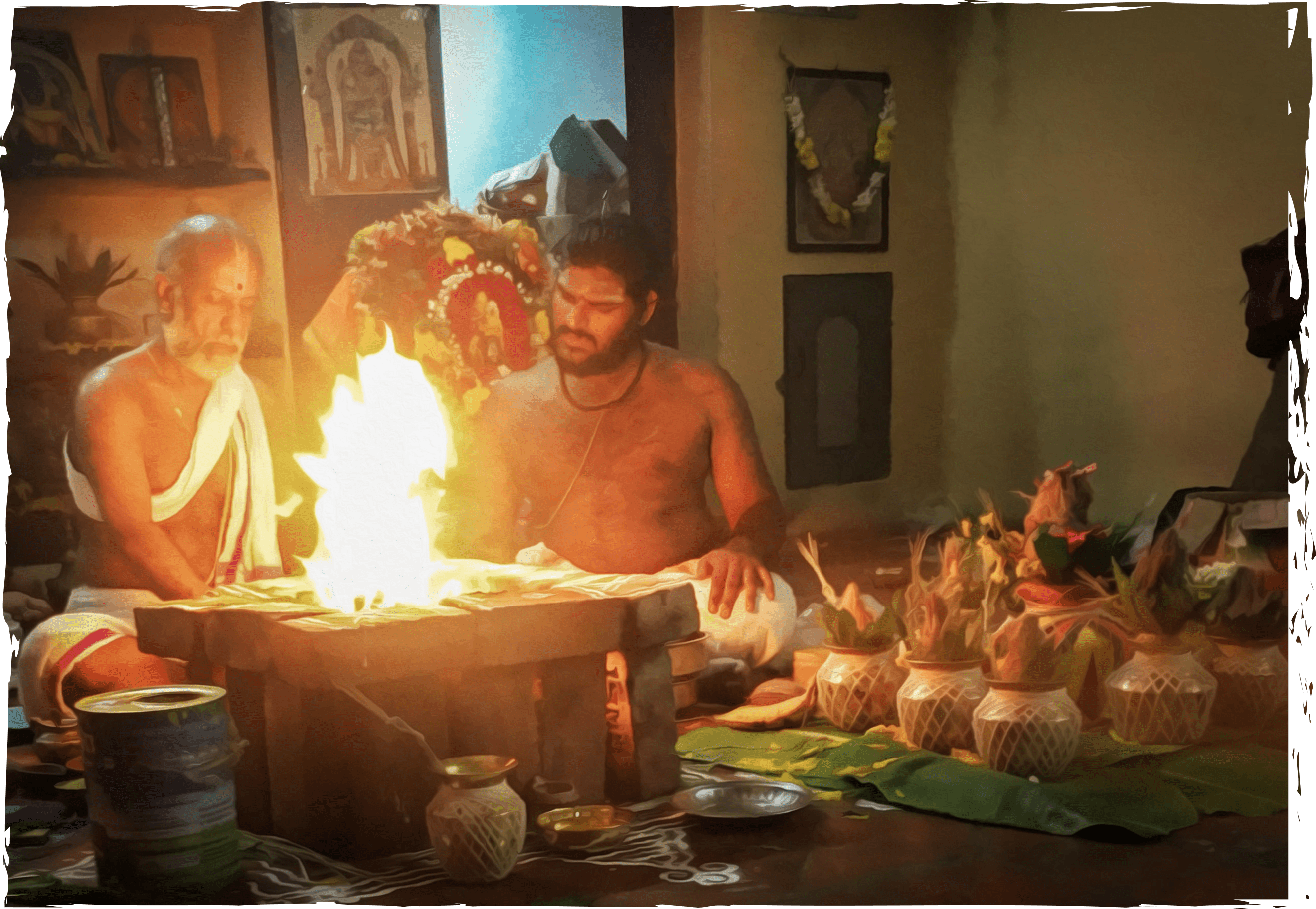 Image of two Vedic priests performing a ritual with fire and the religious items required for the ritual.