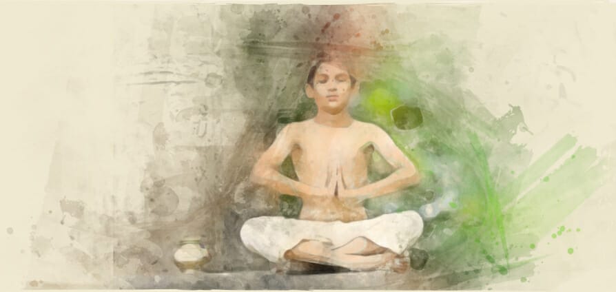 A watercolor picture of a Vedic student in deep meditation.