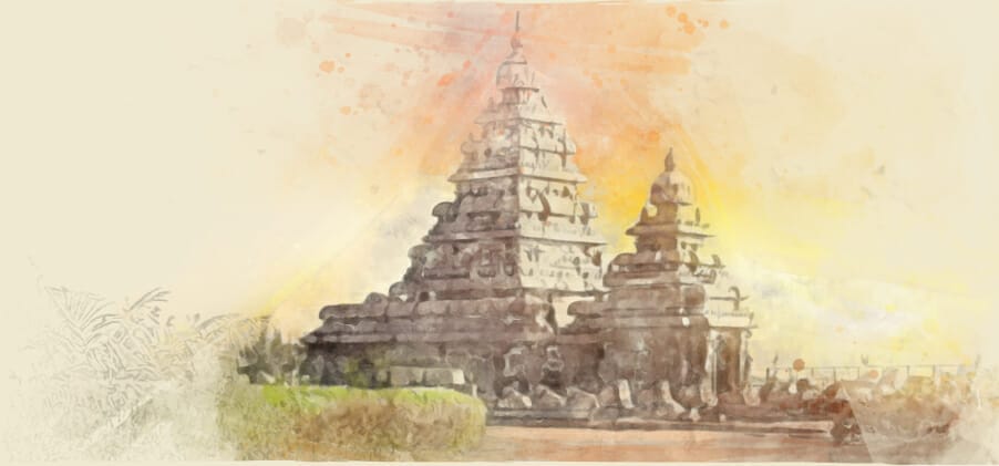 Watercolor picture of a Hindu temple gopuram.