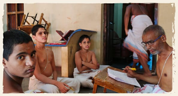 Image of Vedic students in their listening to their guru.
